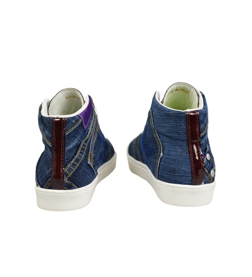 Handmade sneakers bordeaux shining leather and blue denim